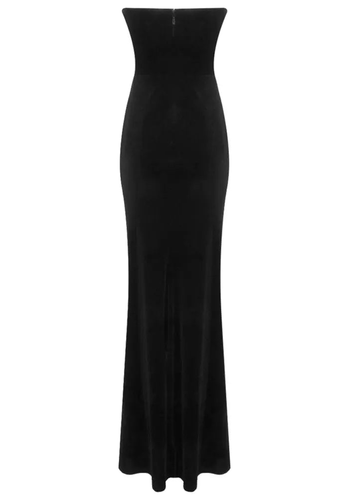 Strapless Crystal Spiral Maxi Velvet Dress Black