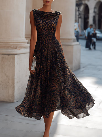 Leopard Print Draped Cowl Neck Sleeveless Pleated Midi Dress
