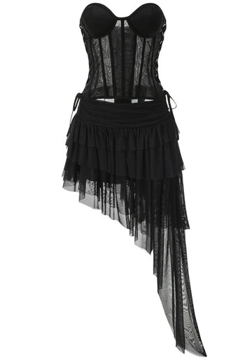Strapless Corset Ruffle Two Piece Dress Black