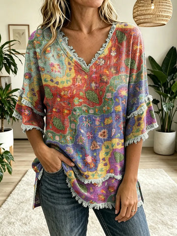 Women's Bohemian Floral Wave Patchwork Art Print V-neck Tasseled Cotton Top