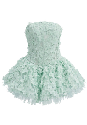 Strapless Floral Petal A Line Corset Dress Green