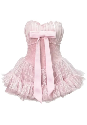 Strapless Lace A Line Corset Dress Pink