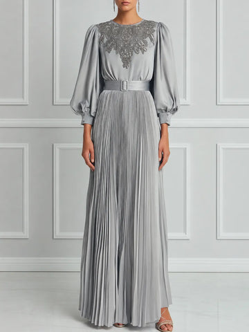 Silver Grey Pleated Maxi Dress With Lace Paneling And Puff Sleeves