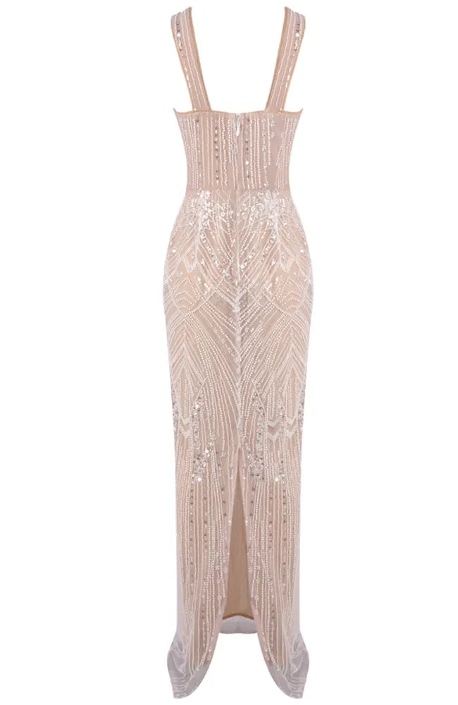 Crystal Pearl Sequin Maxi Dress Nude