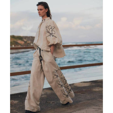 Fashion Puff sleeve Cotton and linen Shirt and Pants