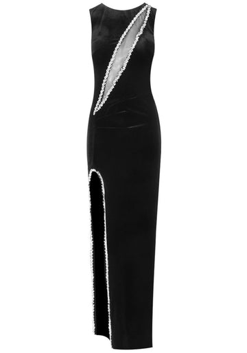 Crystal Mesh Insert Maxi Velvet Dress Black