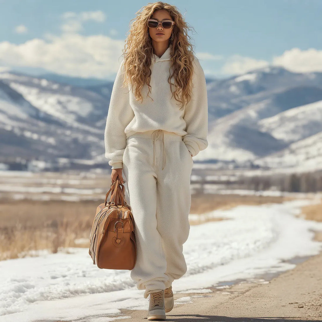 Fashion Retro White Polar Fleece Hoodie Sweatpants Sports Set