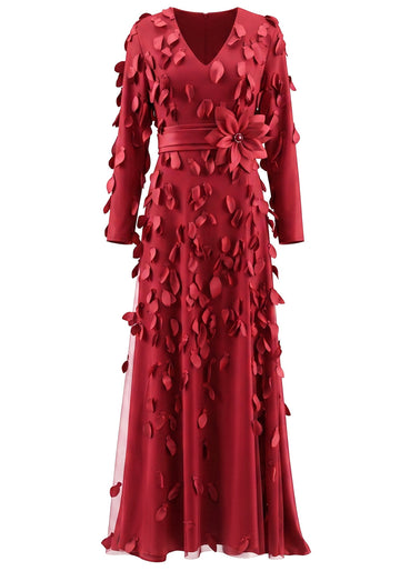 Long Sleeve Floral Embellished A Line Maxi Dress Red