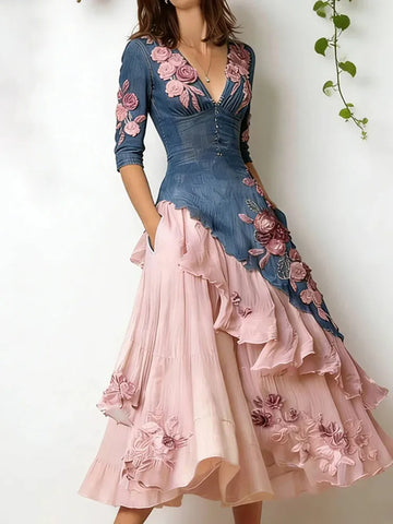 Women's Elegant Floral Embroidered Patchwork Art Midi Dress
