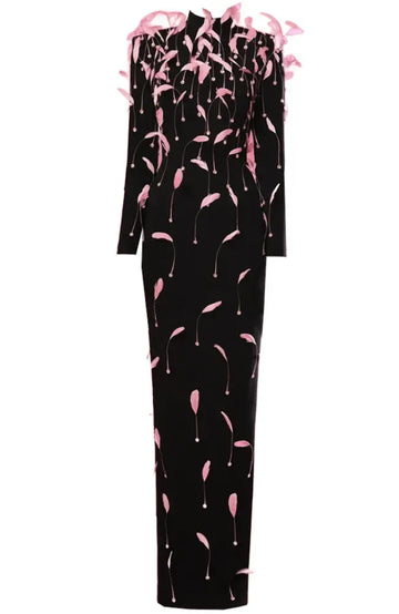 Long Sleeve Feather Backless Maxi Dress Black Pink