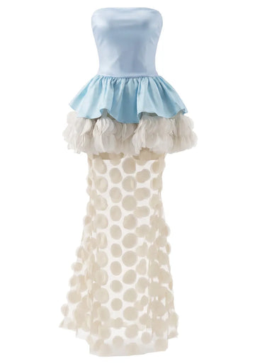 Strapless Floral Peplum Maxi Dress Light Blue Ivory