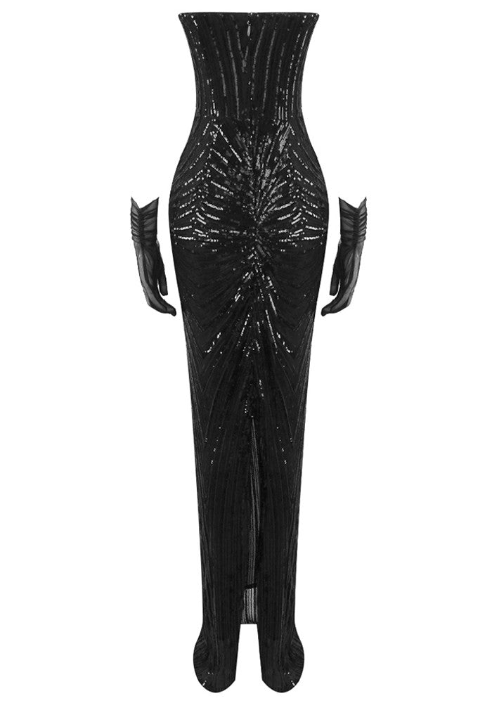 Strapless Crystal Sequin Maxi Dress Black
