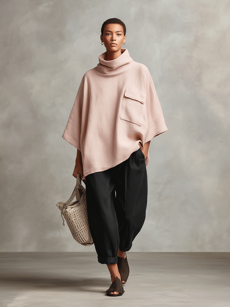Women's Dusty Pink Woven Poncho Top with Cowl Neck & Patch Pocket, Modern Effortless-Chic Pullover MDA2221I1I