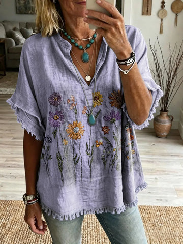 Women's Retro Textured Floral Art Print Casual Loose V-Neck T-Shirt