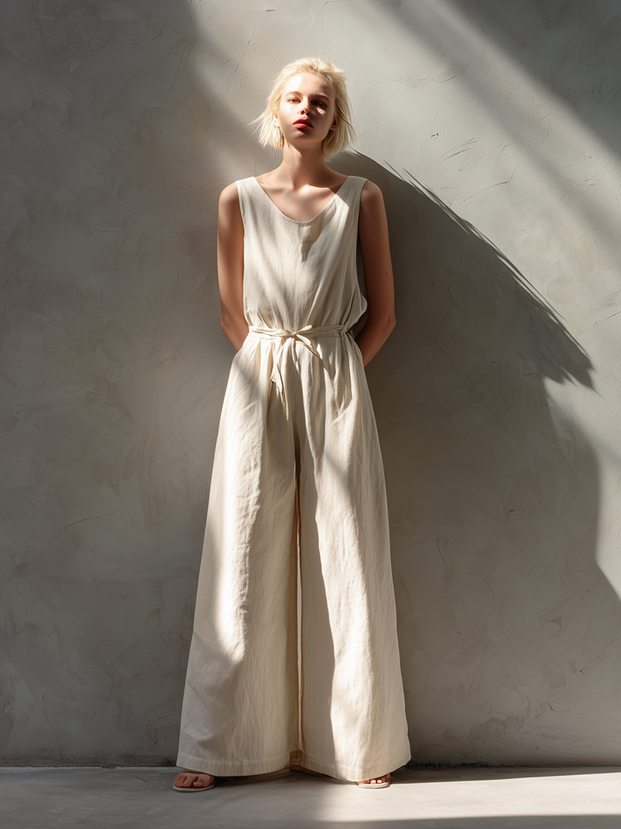 Women's Minimalist Loose-Fit White Cotton-Linen Sleeveless Crew-Neck Wide-Leg Jumpsuit MDZ2702D6ZJW