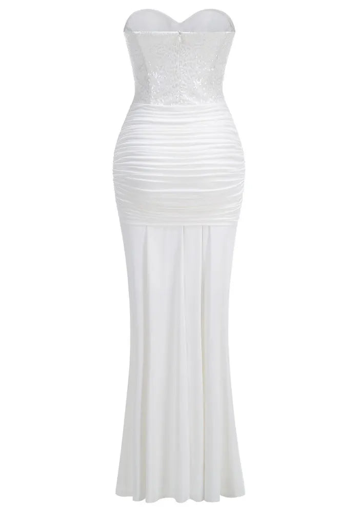 Strapless Sparkly Bustier Draped Maxi Dress White