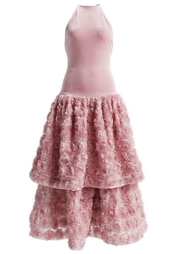 Halter Floral Ruffle A Line Maxi Dress Pink