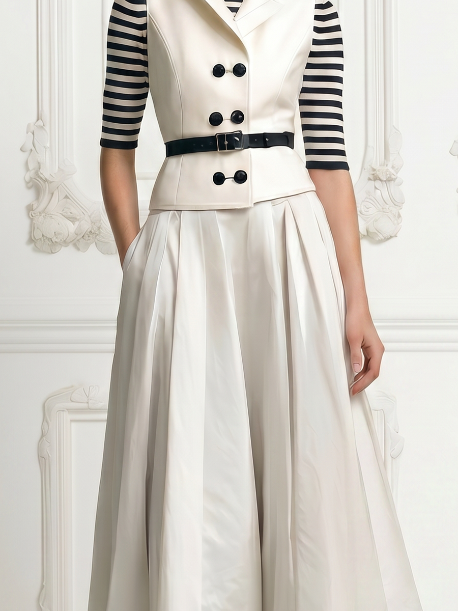 Ivory Peak Lapel Double Breasted Sleeveless Vest & A-Line Midi Skirt Three-Piece Suit Set