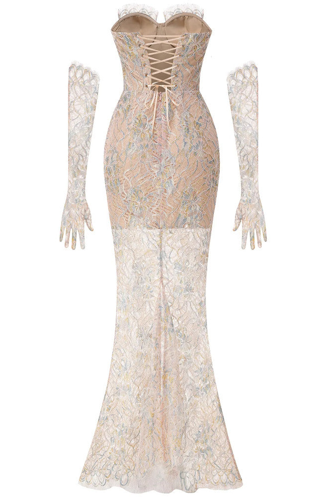 Strapless Corset Lace Maxi Dress Nude