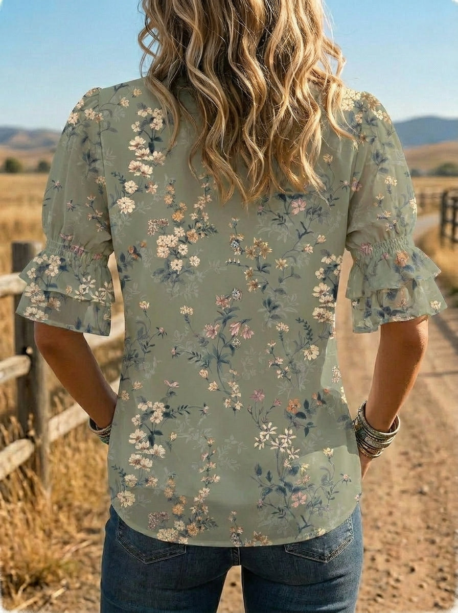 Women's Retro Floral Art Puff Sleeve Casual Shirt