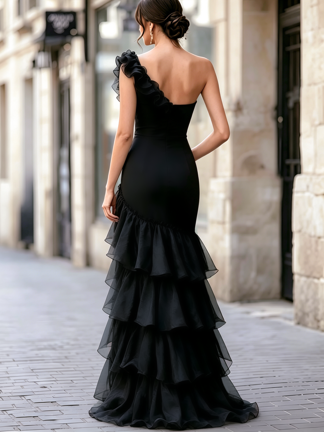 Black One-Shoulder Ruffled Evening Gown With Front Slit