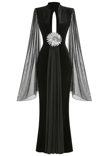 Mesh Sleeves Maxi Velvet Dress Black