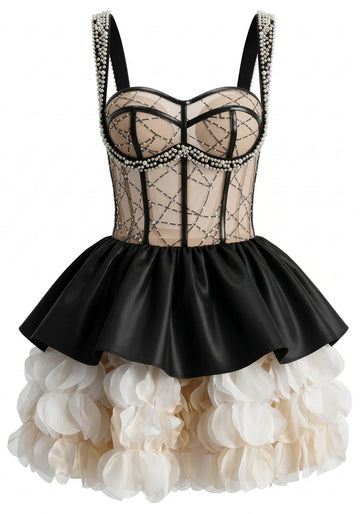 Crystal Bustier Petal A Line Dress Black Ivory