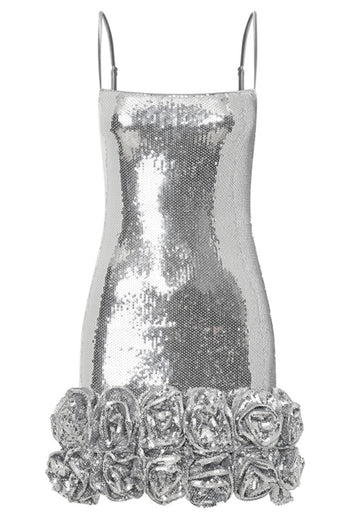 Floral Hem Sequin Dress Silver