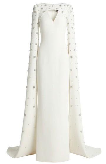 Crystal Cape Sleeve Maxi Dress White