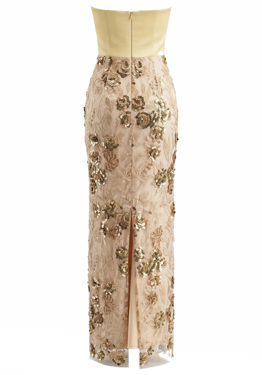 Strapless Feather Sequin Floral Maxi Dress Nude