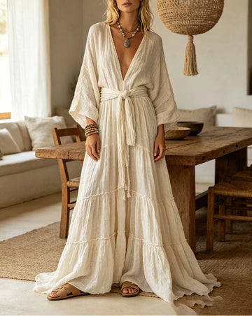 Women's Linen-Look Tie-Waist Tiered Maxi Dress with Puff Sleeves