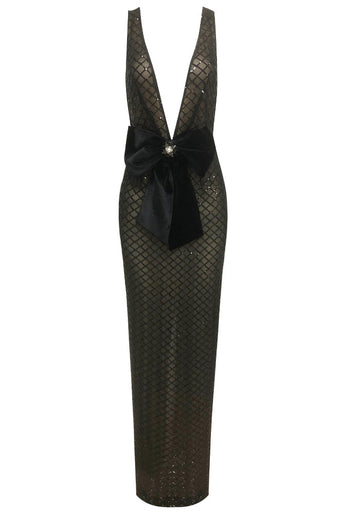 Sequin Bow Plunging Neck Maxi Dress Black