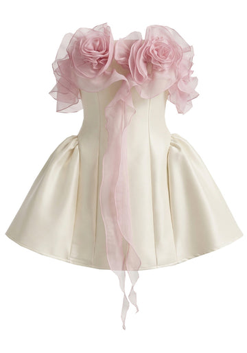 Floral Ruffle Bardot A Line Dress Ivory Pink