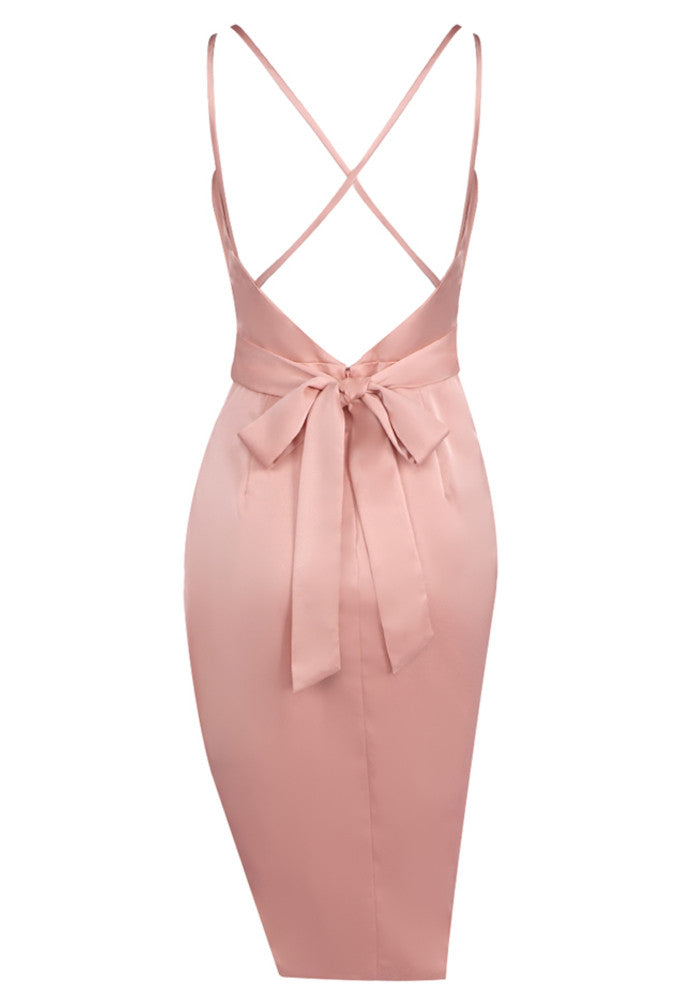 Draped Strappy Back Midi Silk Dress Pink