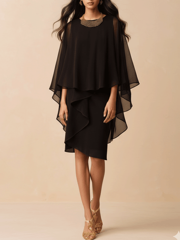 Elegance Black Cape Midi Dress Set