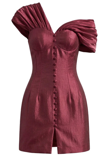 Draped One Shoulder Bardot Dress Burgundy