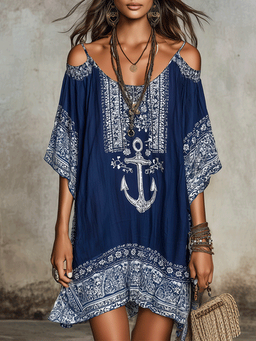 Nautical Boho Anchor Print Cold-Shoulder Mini Dress