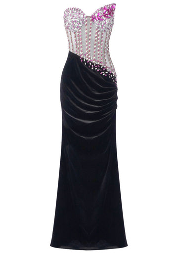Strapless Crystal Corset Maxi Velvet Dress Hot Pink Black