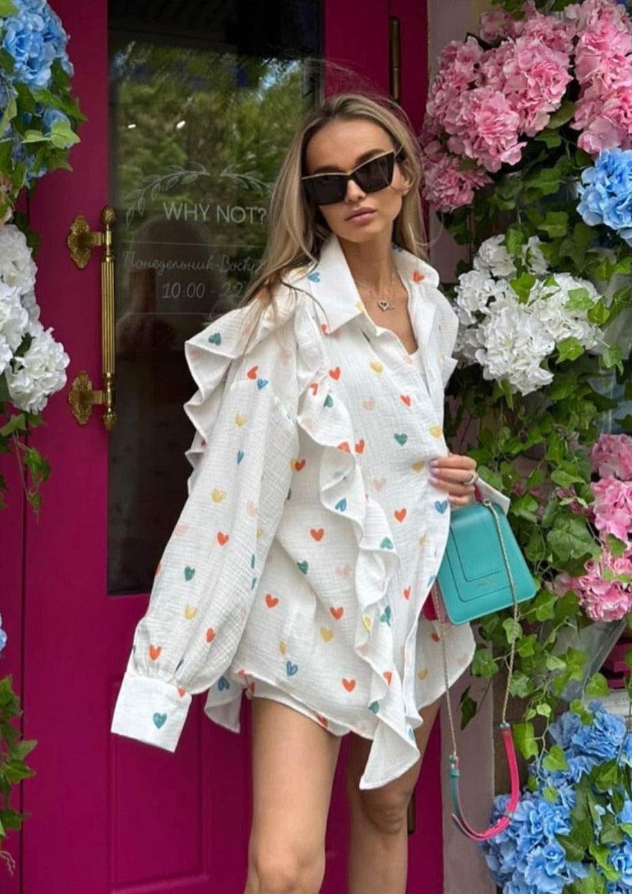 Ruffle Heart Printed Shirt and Shorts Set