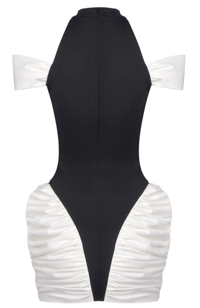 Cold Shoulder Ruched Dress Black White