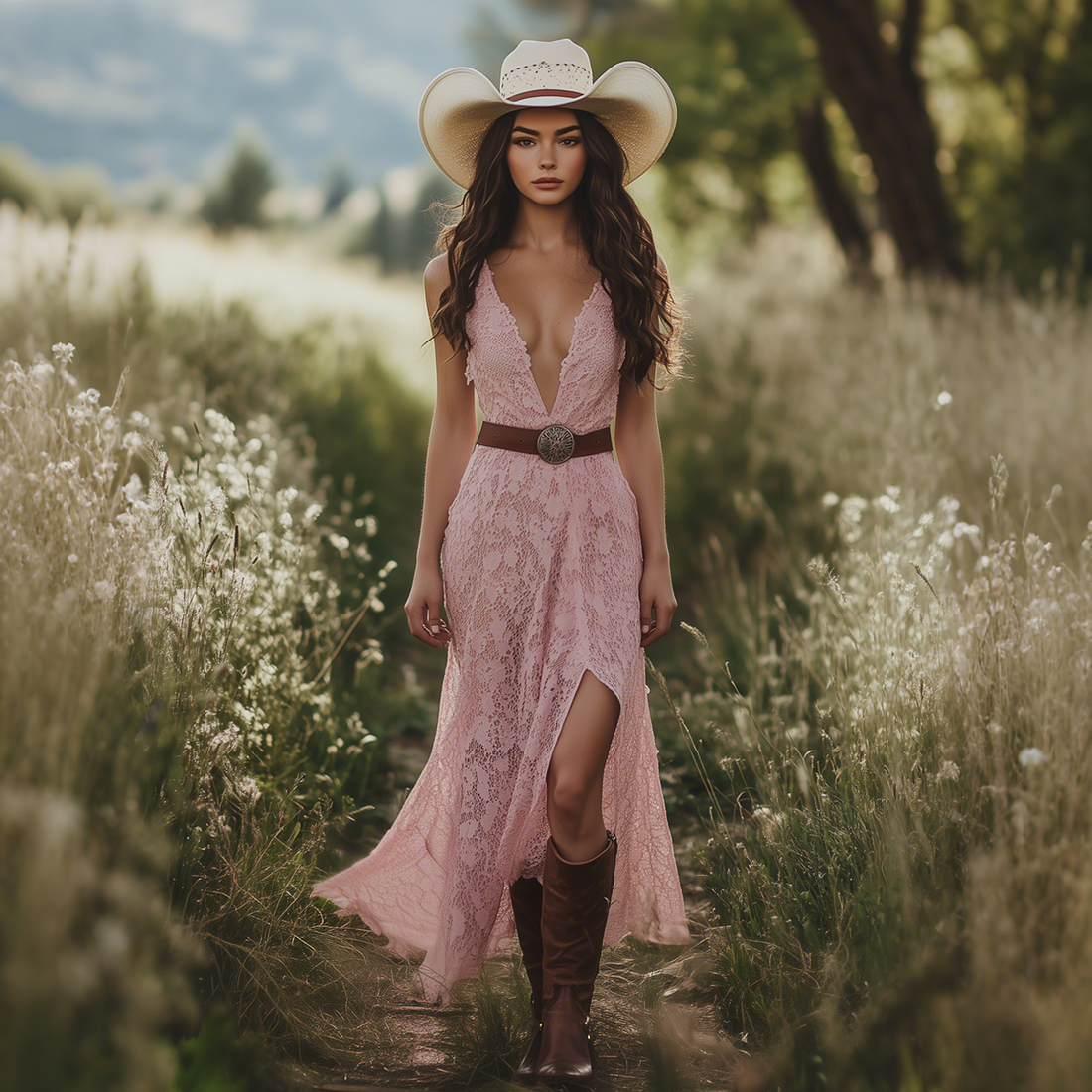 Retro Pink V-neck Sleeveless Lace Long Dress