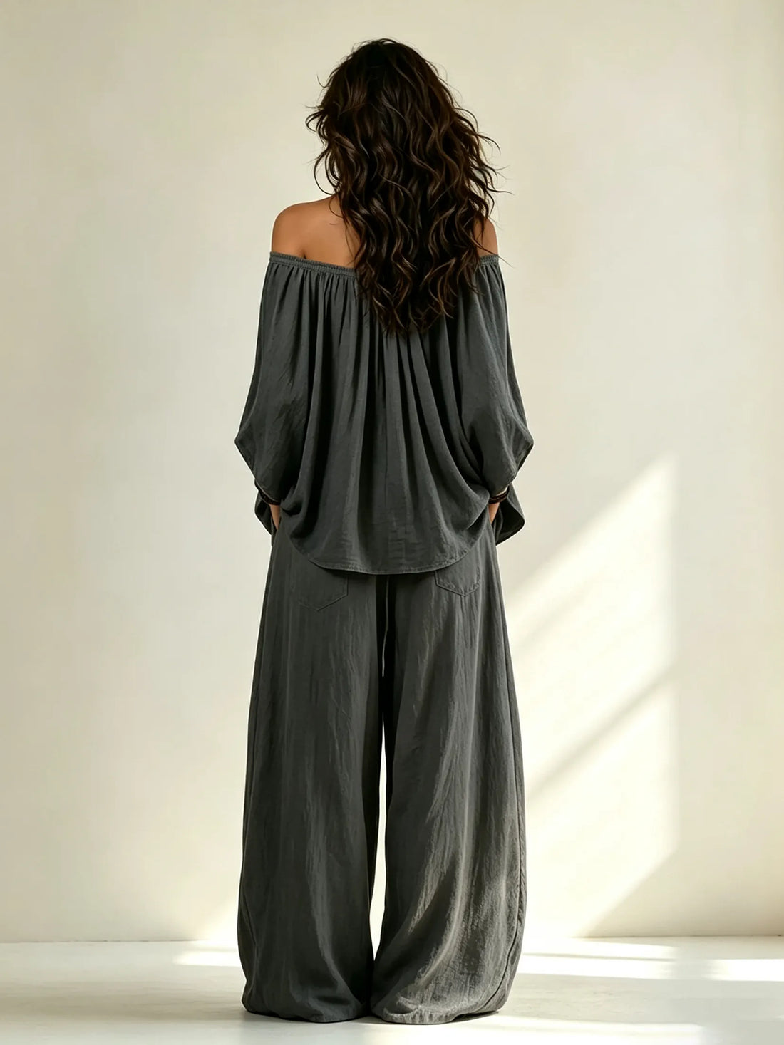 Off-The-Shoulder Dark Gray Loose Top And Pants Pure Cotton Two-Piece Set