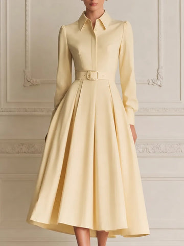 Pale Yellow Pointed Collar Long Sleeve Crystal Belted Pleated A-Line Shirt Midi Dress