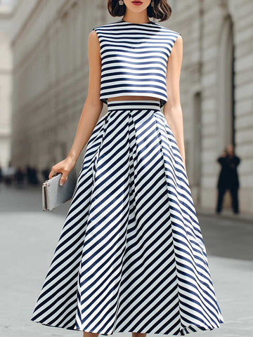 Women's Striped Print Crew Neck Sleeveless Loose-fit Cotton-linen Top & High-waisted A-line Skirt Two-piece Set