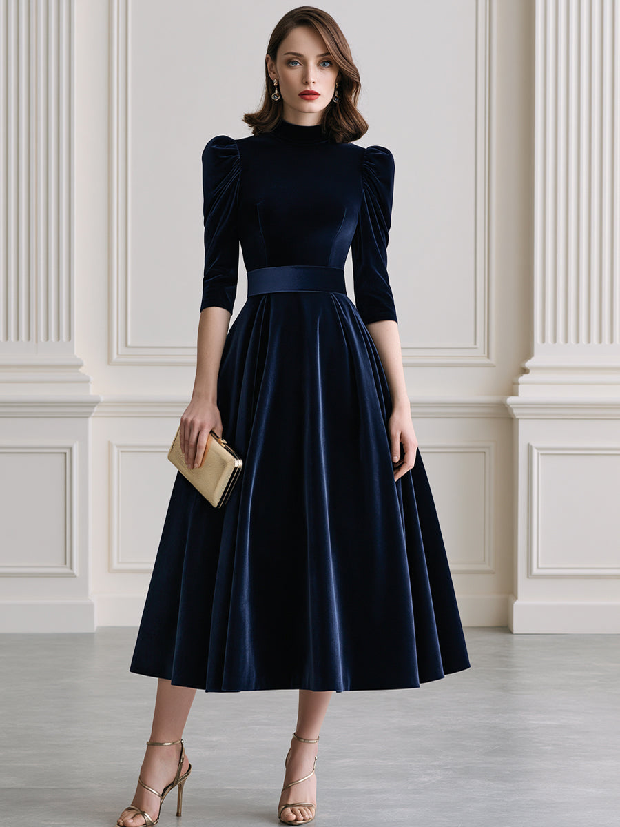 Elegant Velvet Puff Sleeve High Neck A Line Midi Dress