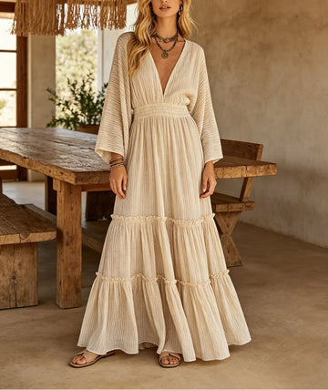 Women's V-Neck Pleated Tiered Maxi Dress with Bishop Sleeves