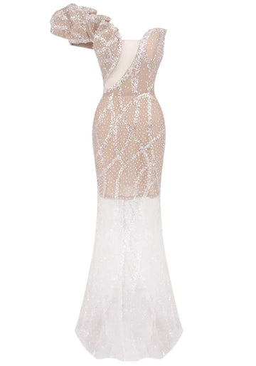 One Shoulder Sequin Maxi Dress Nude