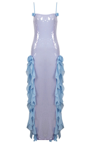 Flower Ruffle Detail Sequin Maxi Dress Silver Blue