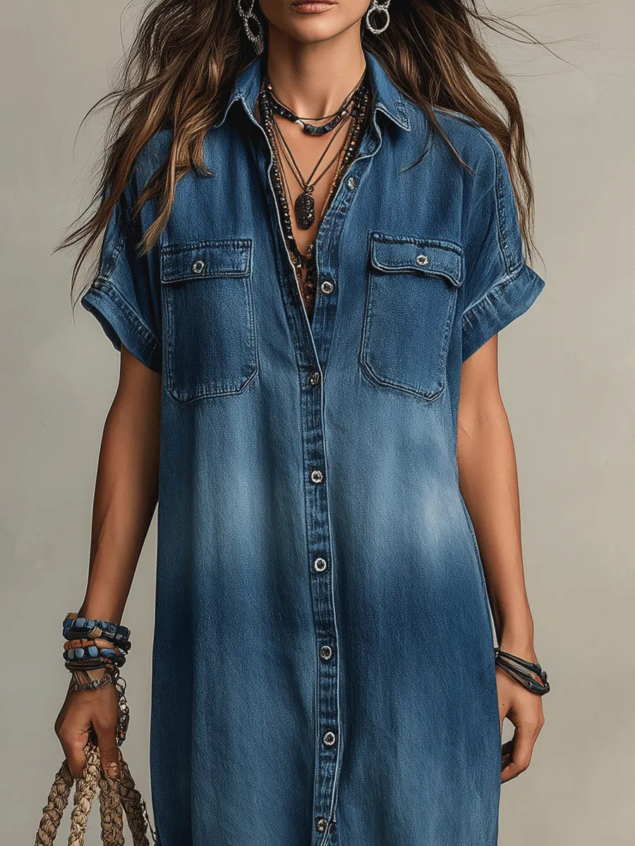 Casual Utility Button-Front Washed Denim Shirt Maxi Dress