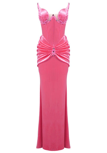 Strapless Crystal Bustier Draped Maxi Dress Pink